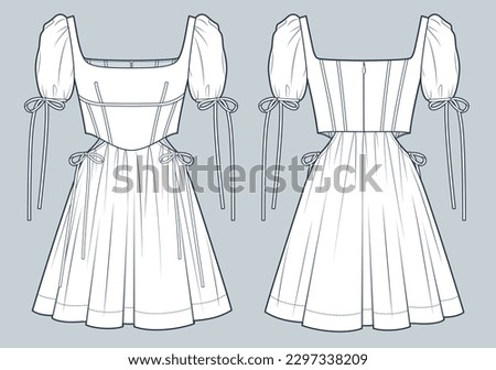 Cutout mini Dress witch Corset technical fashion Illustration. Puffed Sleeve Dress fashion flat technical drawing template, tie, square neck, zip-up, front, back view, white, women CAD mockup. Royalty-Free Stock Photo #2297338209