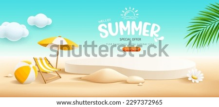 Podium Summer display, pile of sand, flowers, coconut tree, beach umbrella, beach chair, banner design, on cloud and sand beach background, EPS 10 vector illustration
