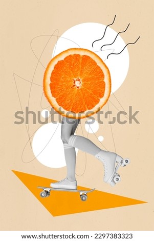 Photo collage artwork minimal picture of citrus riding skate board rollers lady legs isolated graphical background