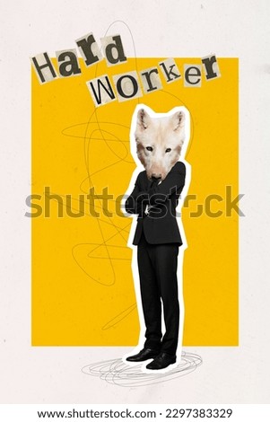 Photo collage artwork minimal picture of confident hard worker guy wolf instead head isolated graphical background