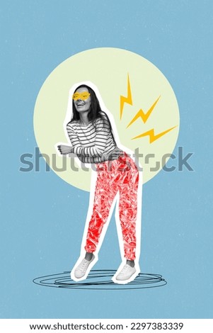 Vertical image illustration collage young dancing girl wear painted clothes funky pants yellow sunglass graphical background