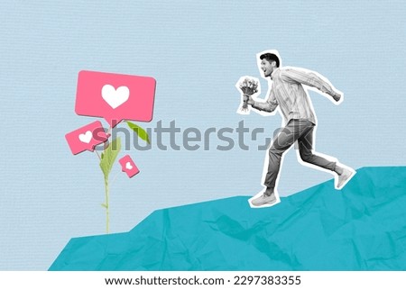 Poster banner collage of excited boyfriend guy with flower floral surprise run for like love heart plant growing follower number