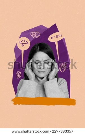 Template magazine collage of stressed mature lady touching her forehead temples suffer terrible headache