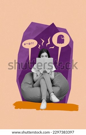 Template drawing image collage of scared young lady read horror book story about mysterious ghost halloween literacy advert