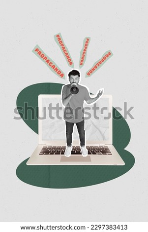 Magazine image template collage of young guy stand netbook spreading fake news propaganda from telegram channels social media Royalty-Free Stock Photo #2297383413