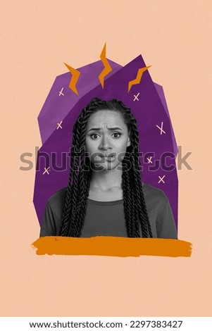 Vertical collage picture of black white gamma worried unsatisfied girl biting lip isolated on painted background