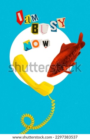 Creative drawing collage picture of red fish talking retro phone handset connection vintage busy now fishing telephone call center