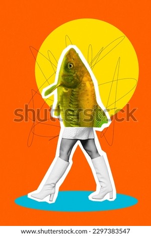 Composite collage picture image of walking female legs shoes high heel golden fish head fishing shopping fashion freak unusual billboard