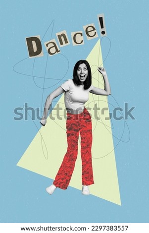 Image photo collage funny glad young dancing girl wear painted clothes funky pants moving body rhythm graphical background