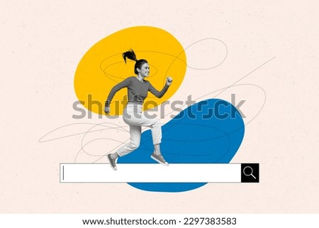Collage artwork graphics picture of excited lady running google searching engine isolated painting background Royalty-Free Stock Photo #2297383583