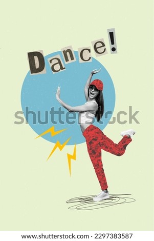 Vertical image collage young dancing girl wear painted clothes funky outfit overjoyed graphical painting doodle background