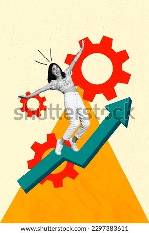 Vertical collage portrait of overjoyed mini black white gamma girl stand big growing arrow upwards cogwheel gear isolated on painted background