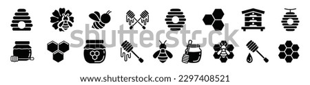 Honey and beekeeping flat icons vector set with editable stroke. Bee, beehive, honeycomb, honey, jars, hive, spoons, flowers icons collection on white background. Vector illustration Royalty-Free Stock Photo #2297408521