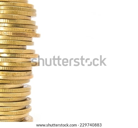 Gold coins in column on white background.
