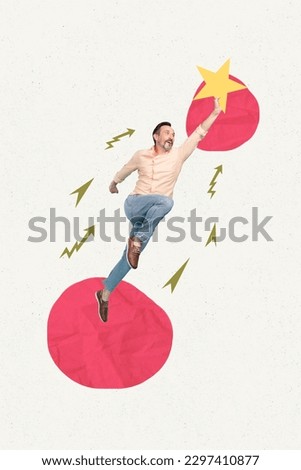 Vertical illustration collage photo artwork of successful progressive mature man fist up jump star ambitions isolated on white background
