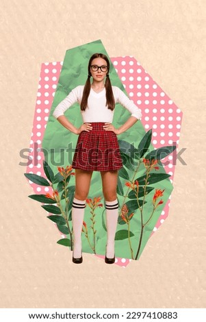Vertical photo collage of young serious woman wear checkered mini skirt white shirt school uniform sale isolated over flowers background