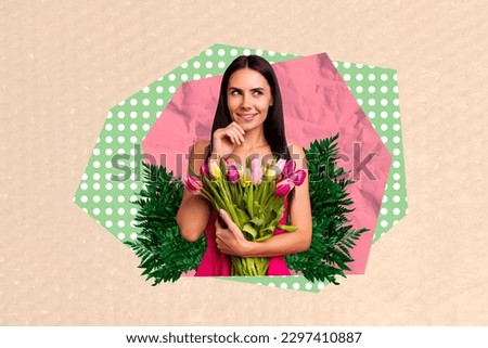 Collage picture of positive minded girl hold fresh tulip flowers green plant bush leaves isolated on paper beige background