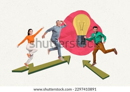 Creative collage picture of mini excited people run growing arrow upwards big light bulb isolated on white background