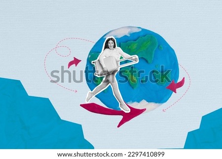 Composite collage picture of excited mini black white colors girl hold suitcase run arrow pointer huge plasticine planet earth globe