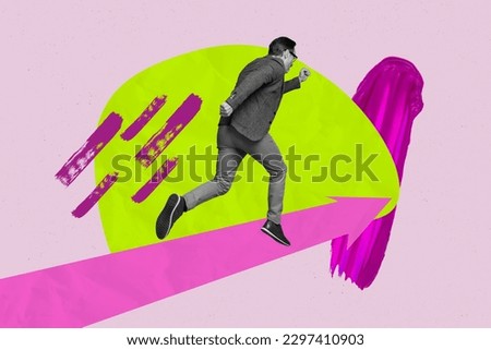 Poster banner collage of worker guy with perseverance run fast for successful personal achievement follow arrow way