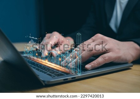 Analysts use AI Measuring in business analytics data management systems to generate reports with KPIs and database connection metrics. Corporate Strategy in Financial Banking Operations, Sales, Maket Royalty-Free Stock Photo #2297420013