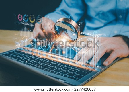 Analysts use AI Measuring in business analytics data management systems to generate reports with KPIs and database connection metrics. Corporate Strategy in Financial Banking Operations, Sales, Maket Royalty-Free Stock Photo #2297420057