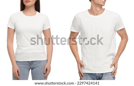People wearing casual t-shirts on white background, closeup. Mockup for design