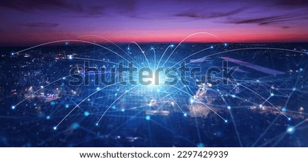 Smart city development concept.Modern big data connection technology is the future.Telecommunication and communication network on city. Royalty-Free Stock Photo #2297429939