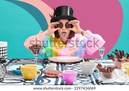 Funny image of woman, sweets lover holding chocolate cookies on eyes, sticking tongue with sparkles over bastract multicolored background. Concept of pop art, creativity, food, movie character Royalty-Free Stock Photo #2297436069