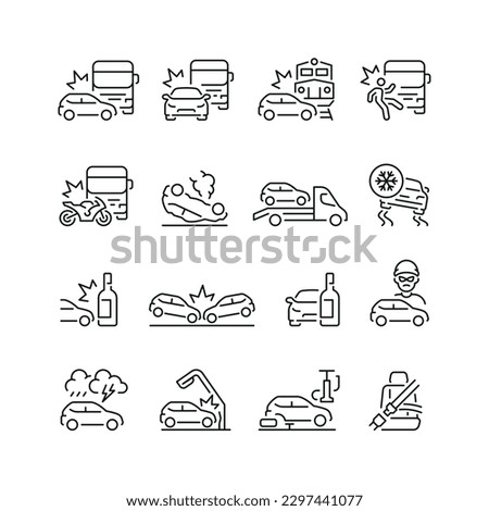 Vector line set of icons related with car accident. Contains monochrome icons like car, collision, crash, truck, accident and more. Simple outline sign. Royalty-Free Stock Photo #2297441077