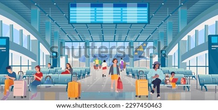 Airport waiting hall with people by day. Interior inside the airport terminal with chairs and departure board in blue colors. people are waiting for flights, looking at their phon. Royalty-Free Stock Photo #2297450463