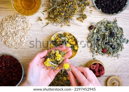 Dry organic ecological herbal tea, berries with female hands. Antistress, relaxation wellbeing healthy view. Alternative medicine. Mental health, healing. Vitamin nutrition, treatment. Immune system.