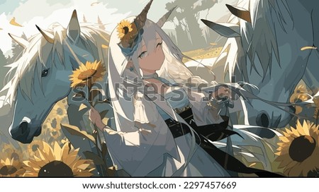 
fantasy anime girl in the garden with her pets horse