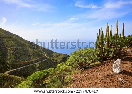 View from the scenic route Sendero Arena Blanca, Artenara, Gran Canaria. Nature and landscape with mountains of volcanic formation along the route of Sendero Arena Blanca up to the Mirador de Tirma. Royalty-Free Stock Photo #2297478419