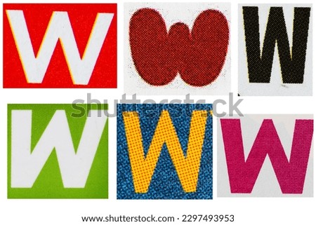 Letter w magazine cut out font, ransom letter, isolated collage elements for text alphabet, ransom note, hand made and cut from Old newspaper magazine cutouts, high quality scan. Royalty-Free Stock Photo #2297493953