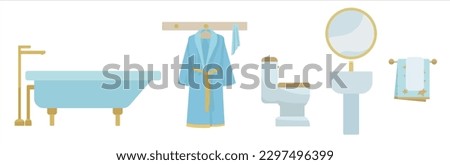 Set of sanitarywear with bathrobe and bathing towel on white bac