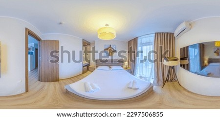 Full spherical seamless hdr panorama 360 degrees view in interior of modern flat apartment bedroom. equirectangular projection, VR content Royalty-Free Stock Photo #2297506855