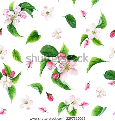 Seamless pattern with apple tree blooms. Watercolor illustration isolated on white background.