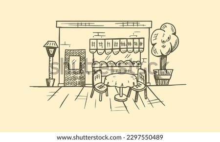 an outdoor cafe table hand drawn sketch vector illustration.