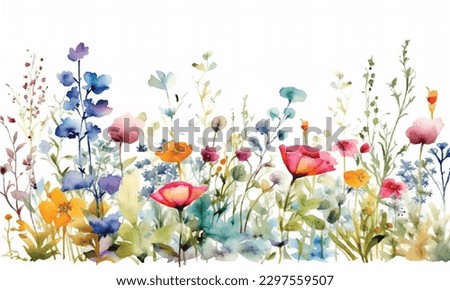 Pastel colors flowers in the light watercolor background
 watercolor card with lavender and wild herbs
 Royalty-Free Stock Photo #2297559507