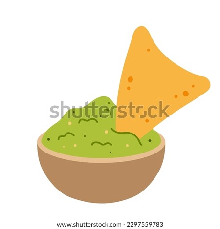 Nachos with guacamole. Traditional Mexican food. Corn tortilla chips and avocado sauce. Hand-drawn colored flat vector illustration isolated on white background. Royalty-Free Stock Photo #2297559783