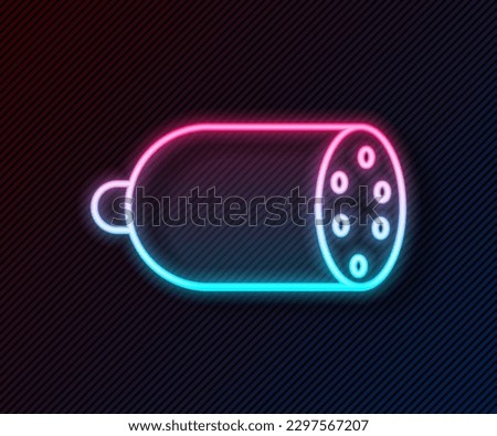Glowing neon line Salami sausage icon isolated on black background. Meat delicatessen product.  Vector