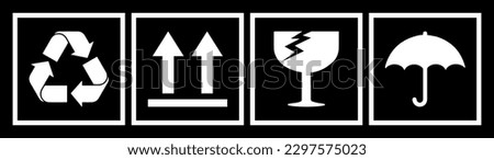 Handle with care, Protect from water or rain, Use for packaging transport,  fragile care sign symbol, box packing, Box sign vector illustration, Packaging symbols on the box, Recycle sign, save global