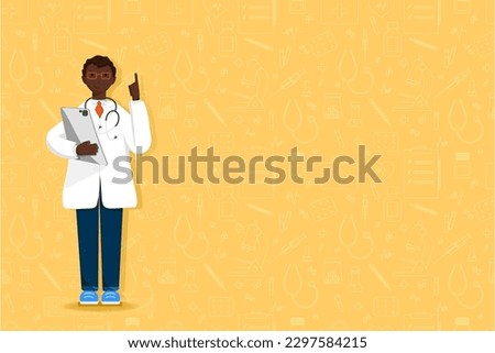 Doctor african cartoon character in full growth holding a clipboard on the background of medical instruments. Clip-art isolated on yellow background. Professional advice. medical concept