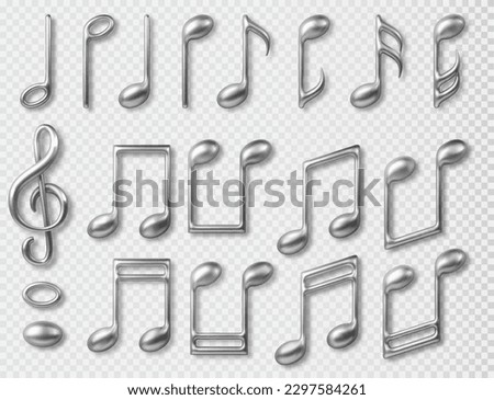 Set silver music notes icon. 3d realistic vector illustration isolated on transparent background