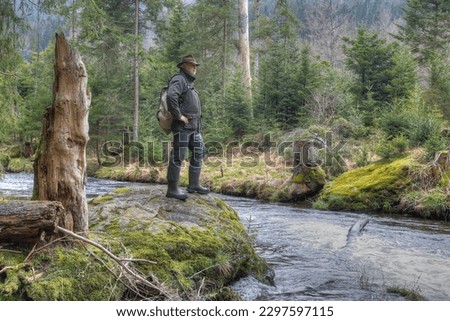 A wanderer stands on a ledge above a wild river that flows under him. He contemplates the natural beauty of the landscape and seems struck by the power and energy of the river.