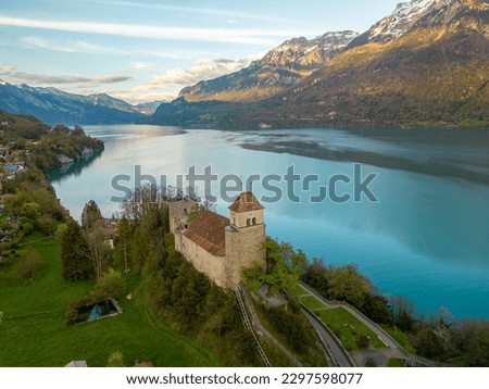 Beautiful aerial picture of Riggenberg town with the Lake and the Alps, Switzerland