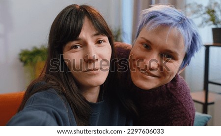 POV shot of two young lesbian LGBT women family couple bloggers making selfie online video conference call, looking at camera at home room. Girls friends laughing, waving hello, pleasant conversation
