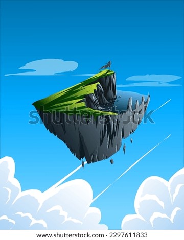 Floating island with blue sky and clouds background. Flying island vector illustration.