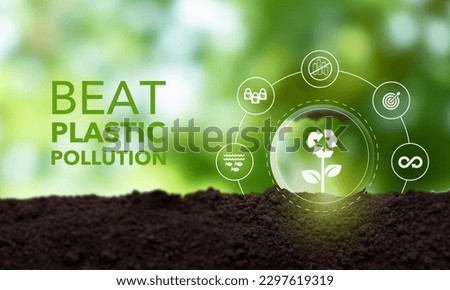 World Environment Day (5th June) theme is Beat Plastic Pollution.Take action against the damaging effects of plastic pollution on environment, reduce single-use plastics, recycle responsibly.  Royalty-Free Stock Photo #2297619319